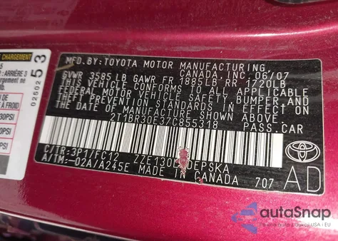 2007 Toyota Corolla Ce/Le/S z USA, uszkodzony, nr VIN 2T1BR30E37C855318